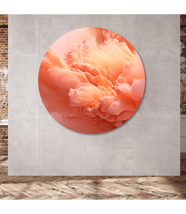 Round acoustic picture "peach powder" in an elegant aluminum frame