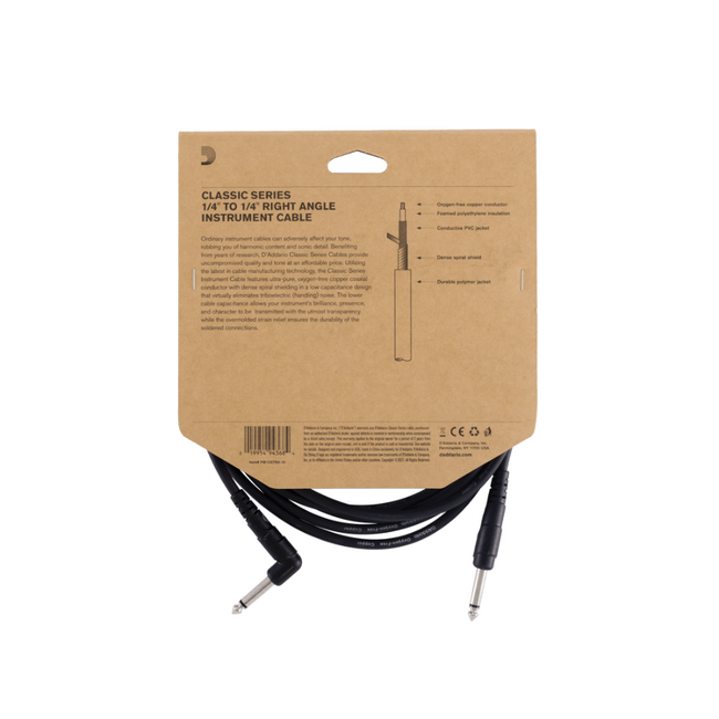 D'Addario Classic Series Instrument Cable, Right Angle Plug, 10ft