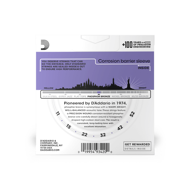 D'addario EJ26-3D Custom Light Phosphor Bronze, 11 - 52 (3 PACK)