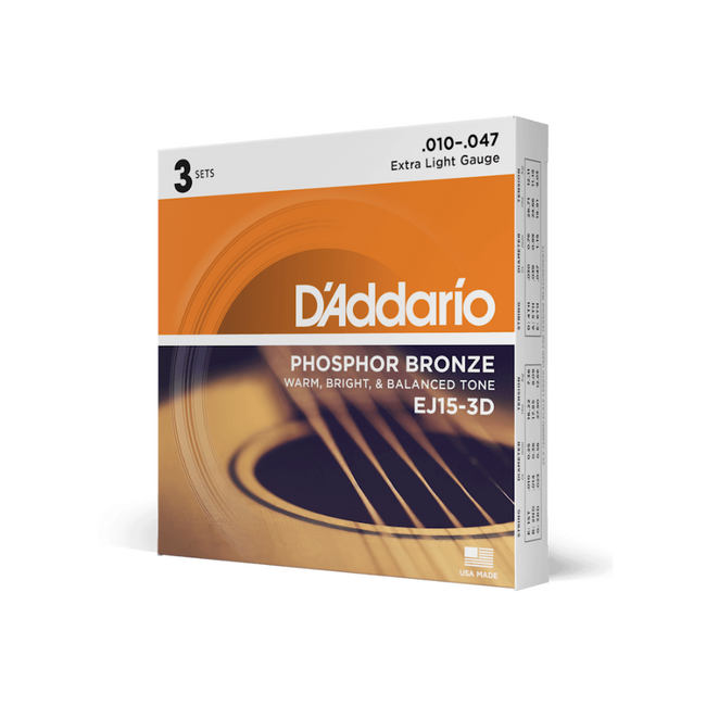 D'addario EJ15-3D Extra Light Phosphor Bronze, 10 - 47 (3 PACK)