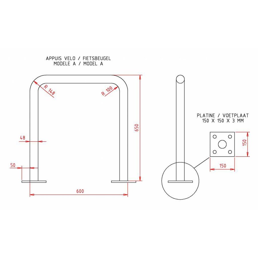 Arceau de vélo avec platine 600 x 650 mm en profile U en acier galvanisé-7