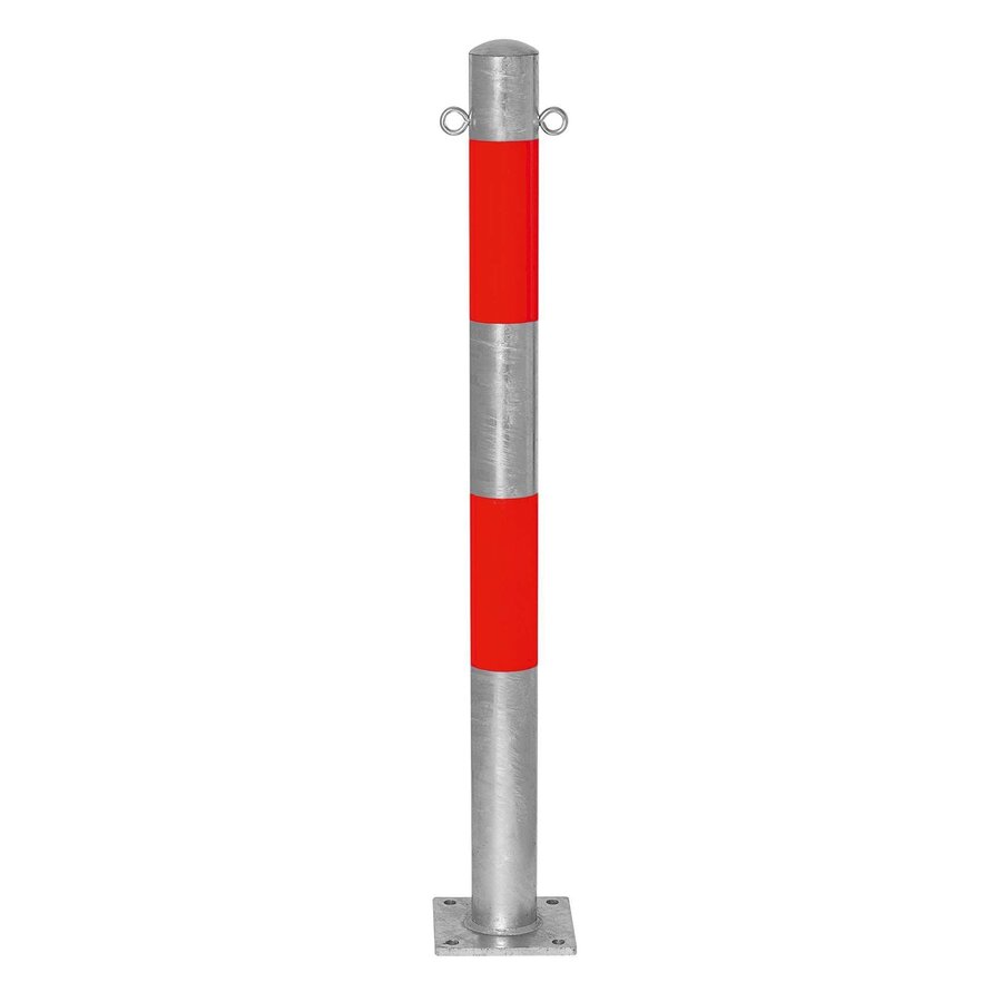 MORION poteau de délimitation Ø 76 mm sur platine - deux anneaux de chaîne - galvanisé à chaud - bandes de signalisation réfléchissantes rouges-1