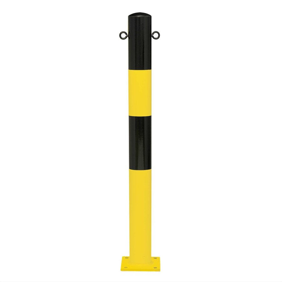 MORION vaste afzetpaal Ø 90 mm op voetplaat - twee kettingogen - thermisch verzinkt en geel/zwart gepoedercoat-1