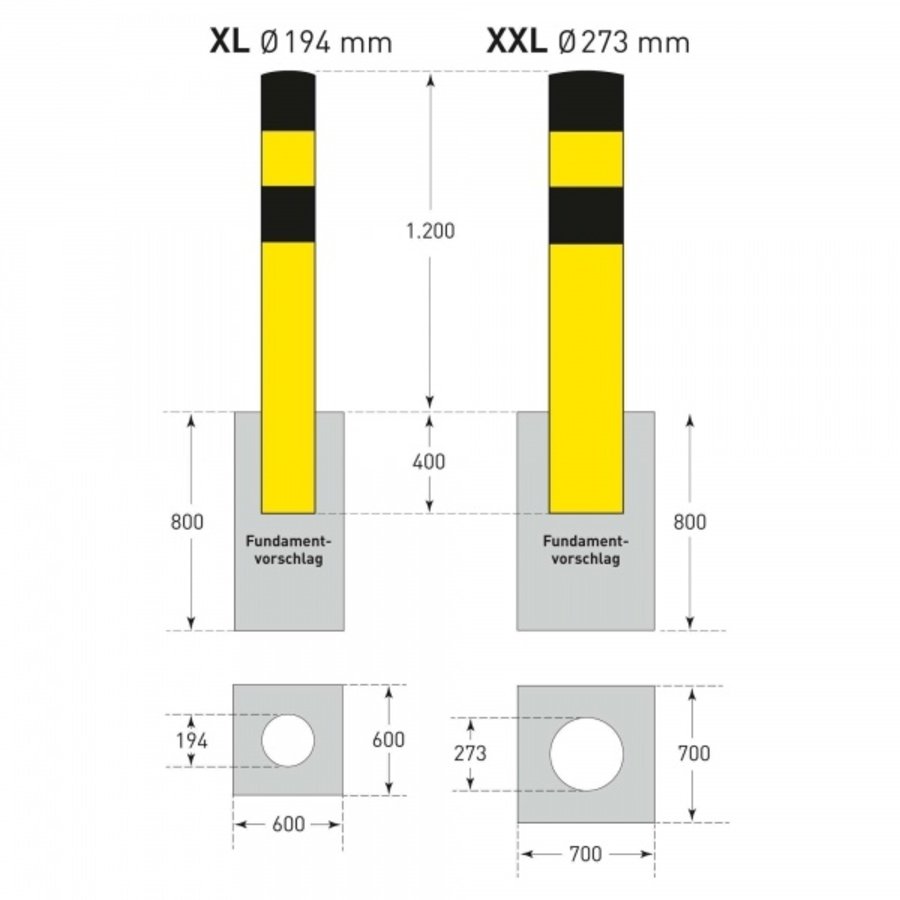 poteau de protection Ø 194mm (XL) à bétonner - galvanisé à chaud et thermolaqué - jaune/noir-5