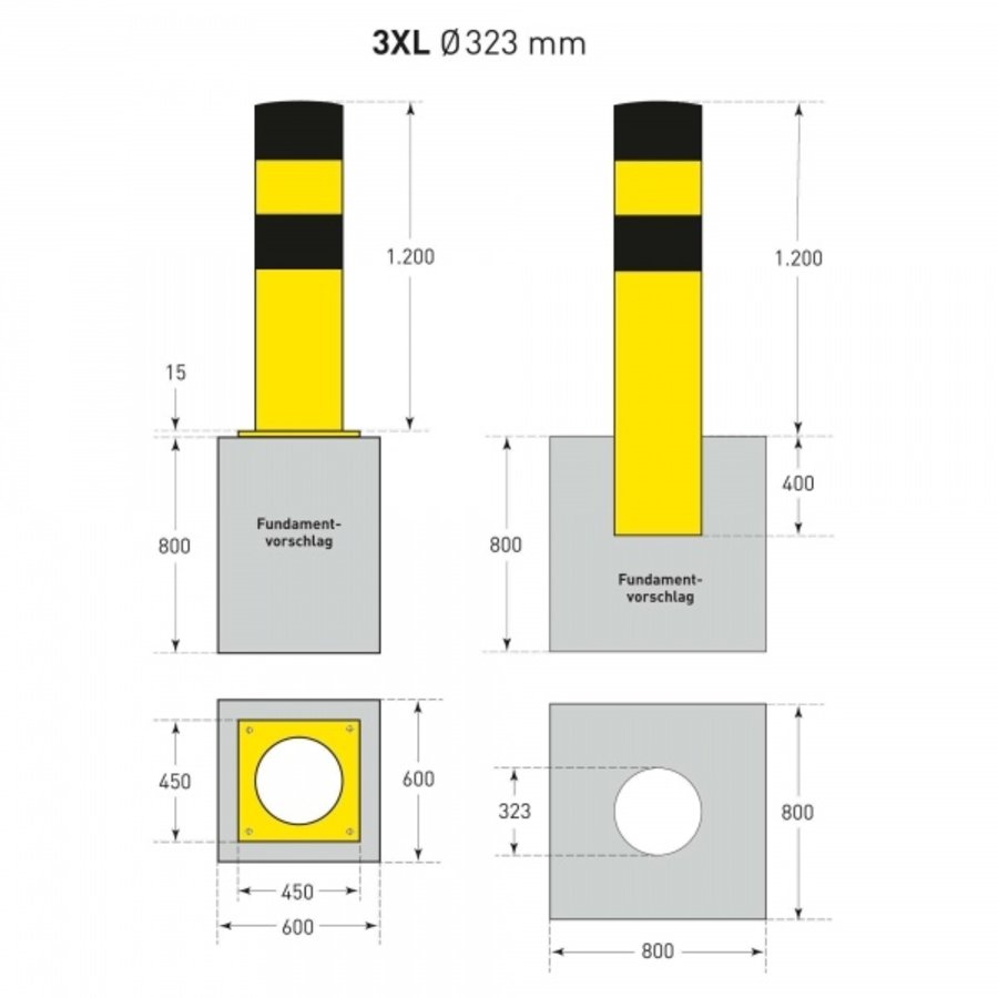 rampaal Ø 323mm (3XL) om in te betonneren - thermisch verzinkt en gepoedercoat - geel/zwart-8