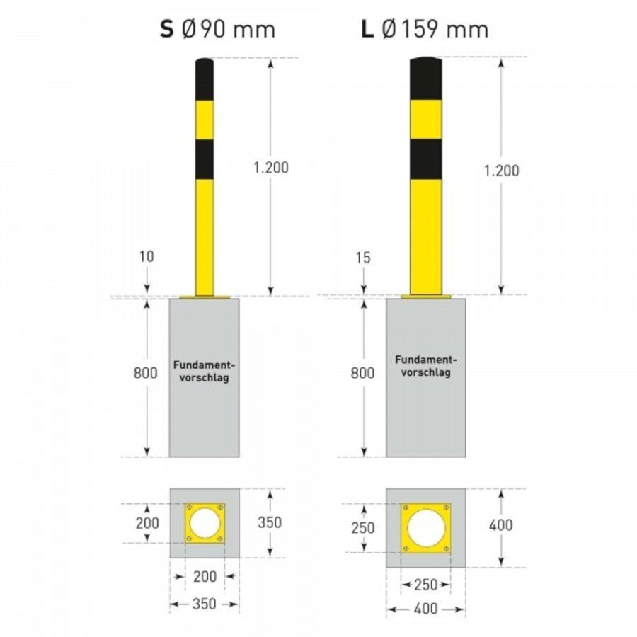 poteau de protection Ø 90mm (S) sur platine - galvanisé à chaud et thermolaqué - jaune/noir-5