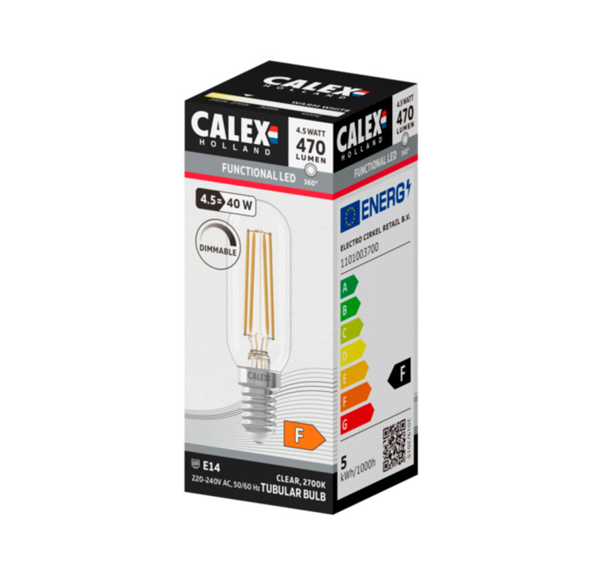 Clear LED Straight Filament - Tube Lamp - E14 - 4,5W - 470 lm - 2700K - Dimmable - Clear
