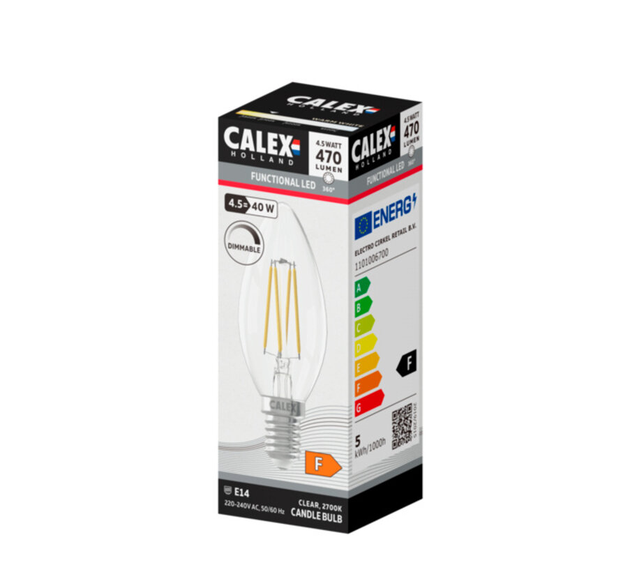LED Straight Filament Candle Lamp Clear - E14 - 4,5 W - 470lm - 2700K - warm white - dimmable
