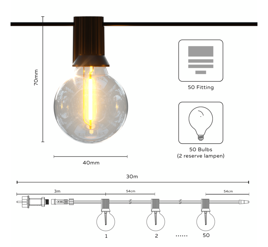 Calex Vibey Outdoor Party String - Calex Lichterketten Outdoor - 30 Meter - 50 Lichter