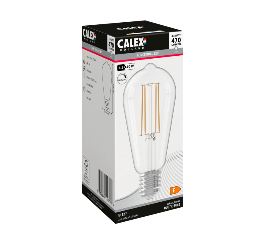 Rustiek ST64 Clear Straight LED-filament 220-240V 4.5W 470lm 2700K E27 Dimmable with LED dimmer