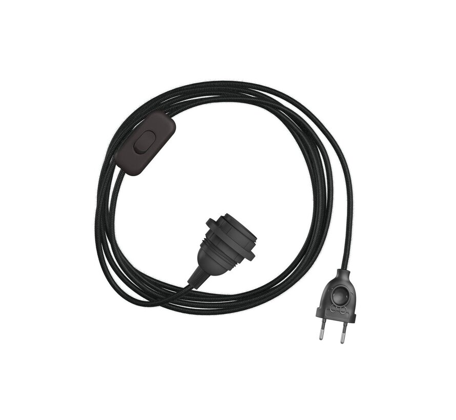 SnakeBis | Ready-to-use | Black Round Linnen Power cord with switch, plug and lamp holder (2-pole)