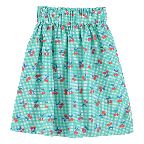 Piupiuchick Long Skirt | turquoise & white checkered w/ cherries
