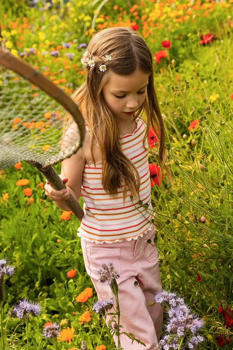 Sproet & Sprout Flare Denim Pants Daisies Print - Summer Sorbet