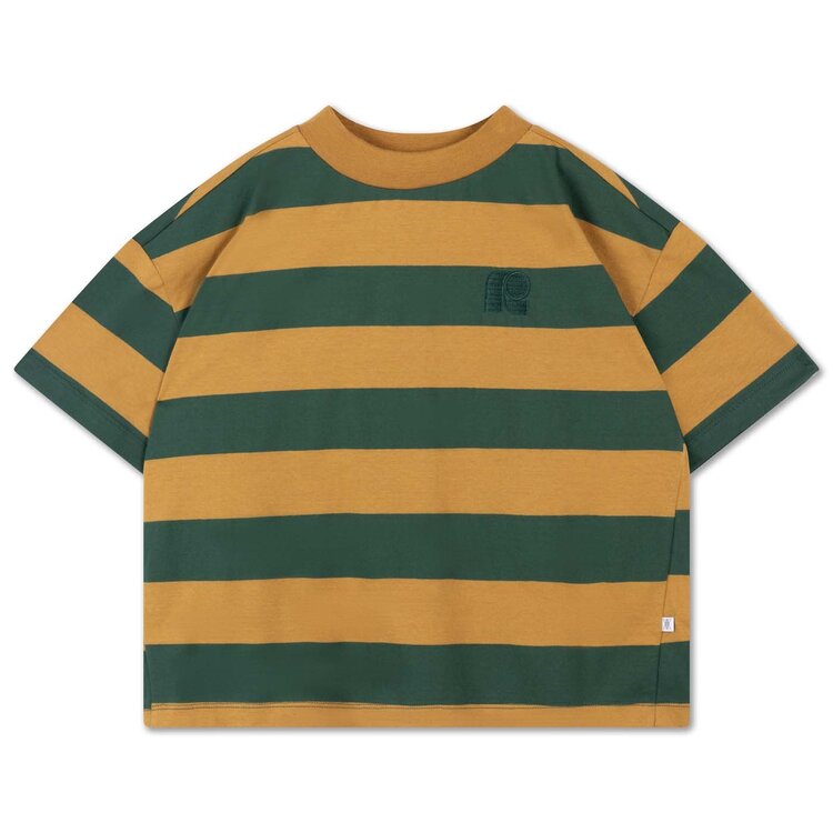 REPOSE AMS Boxy Tee Shirt - Gold Country Green Block Stripe