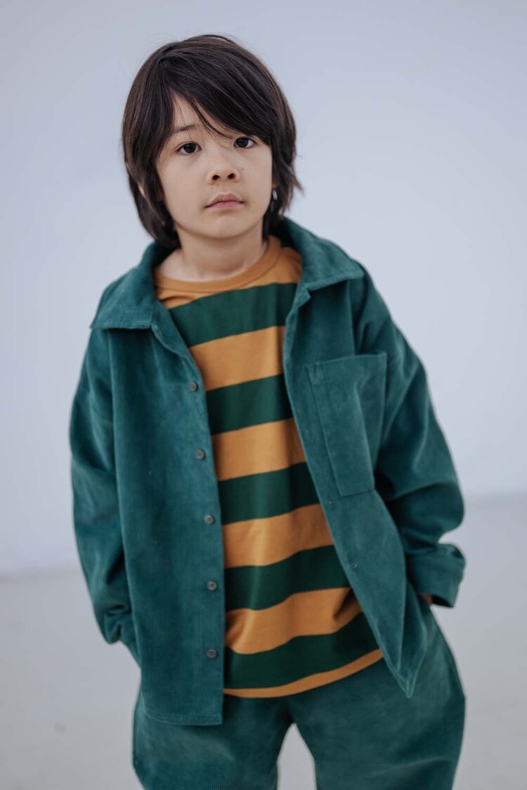 REPOSE AMS Wide Cut Long Sleeve - Gold Country Green Block Stripe