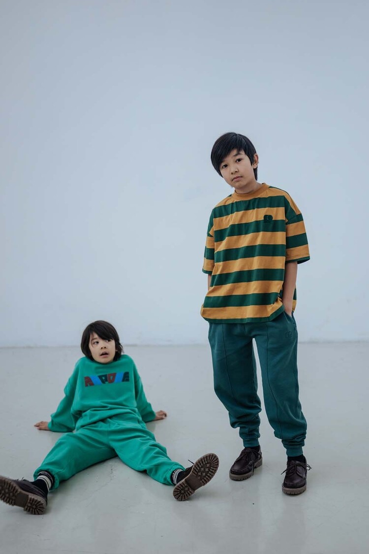 REPOSE AMS Boxy Tee Shirt - Gold Country Green Block Stripe