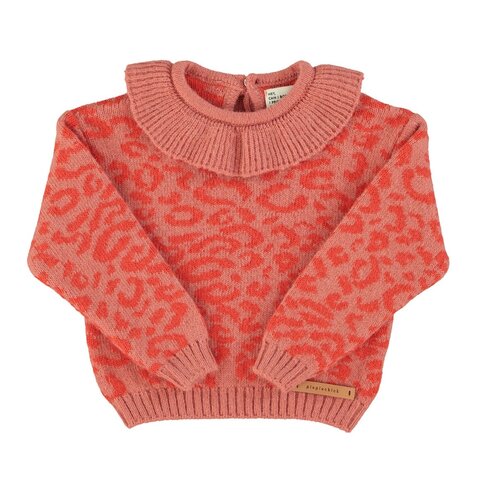 Piupiuchick Knitted sweater w/ collar | Pink w/ animal print