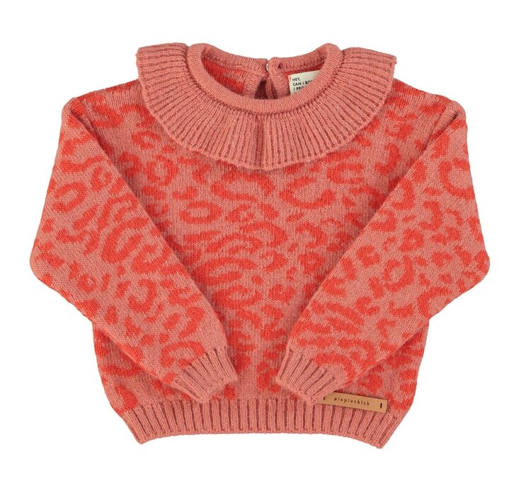 Piupiuchick Knitted sweater w/ collar | Pink w/ animal print