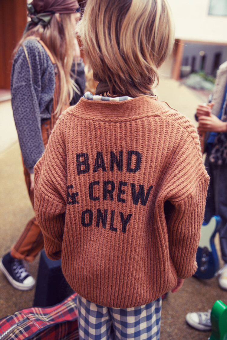 Piupiuchick Knitted cardigan | Brown w/ "band & crew only" print