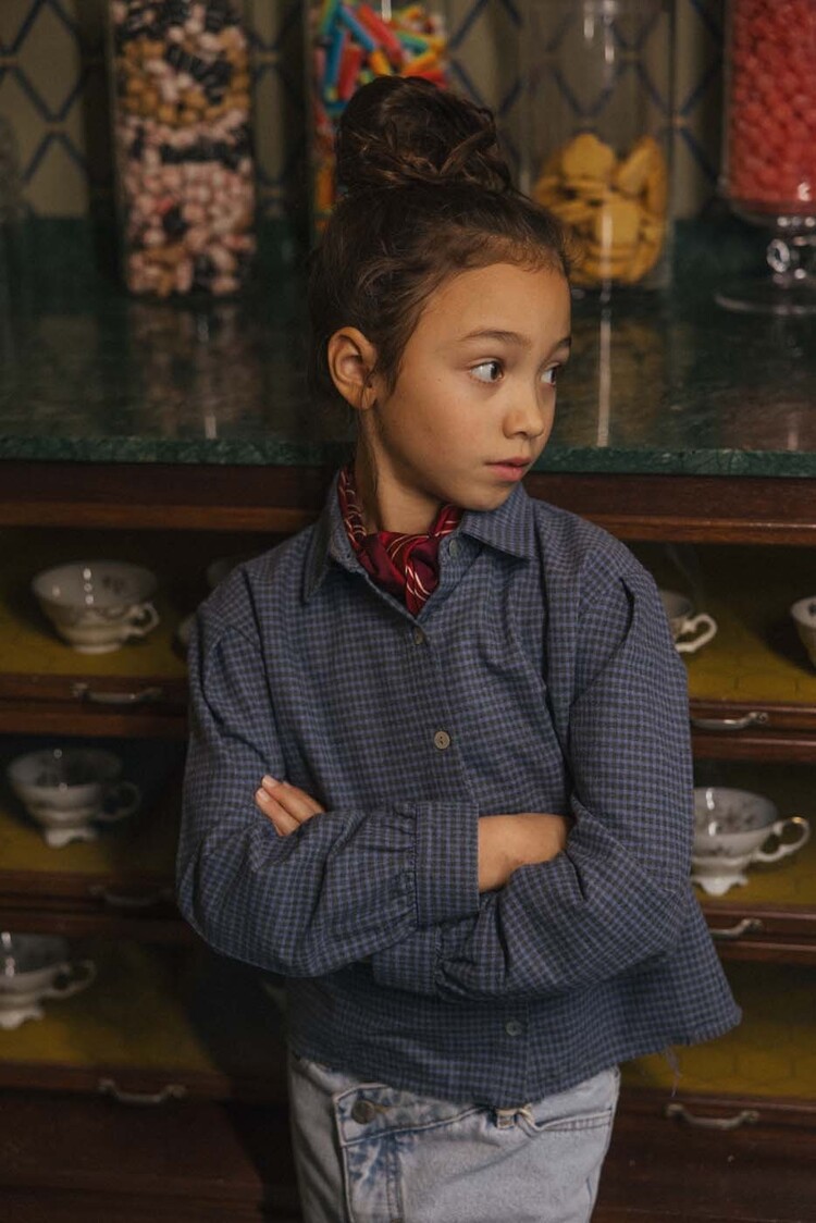 Charlie Petite Niki Blouse - Blue/Grey Checked