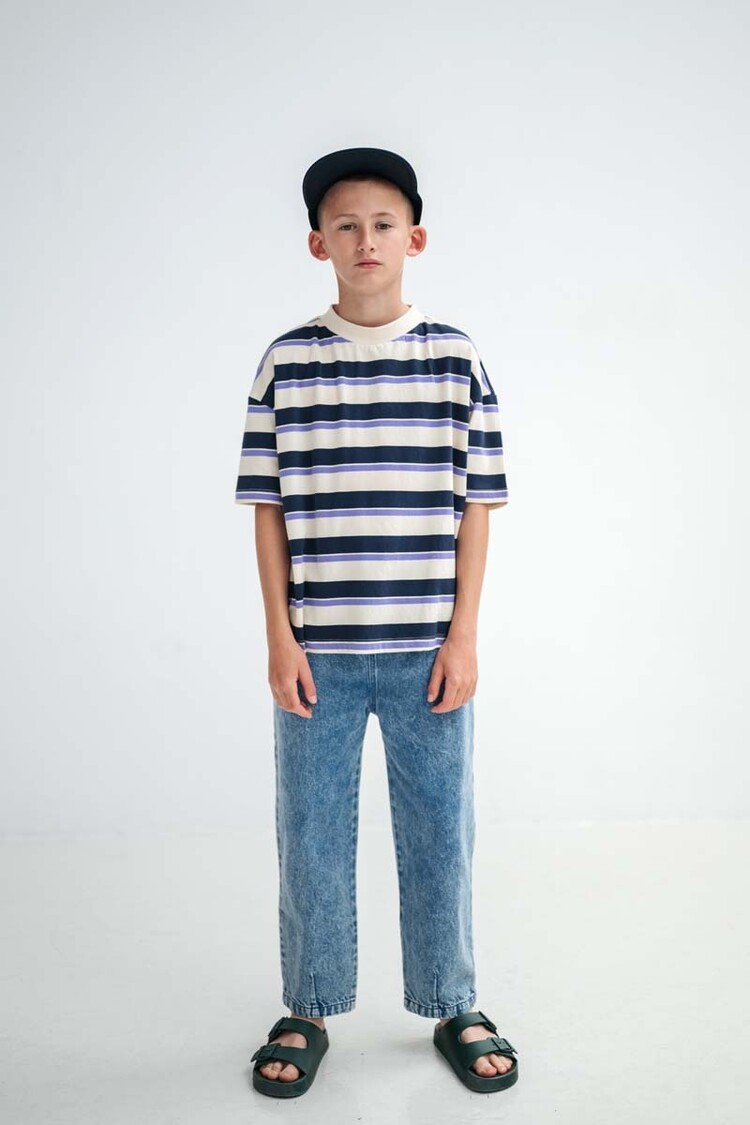 REPOSE AMS Boxy Tee - Cream Teal Glacier Stripe