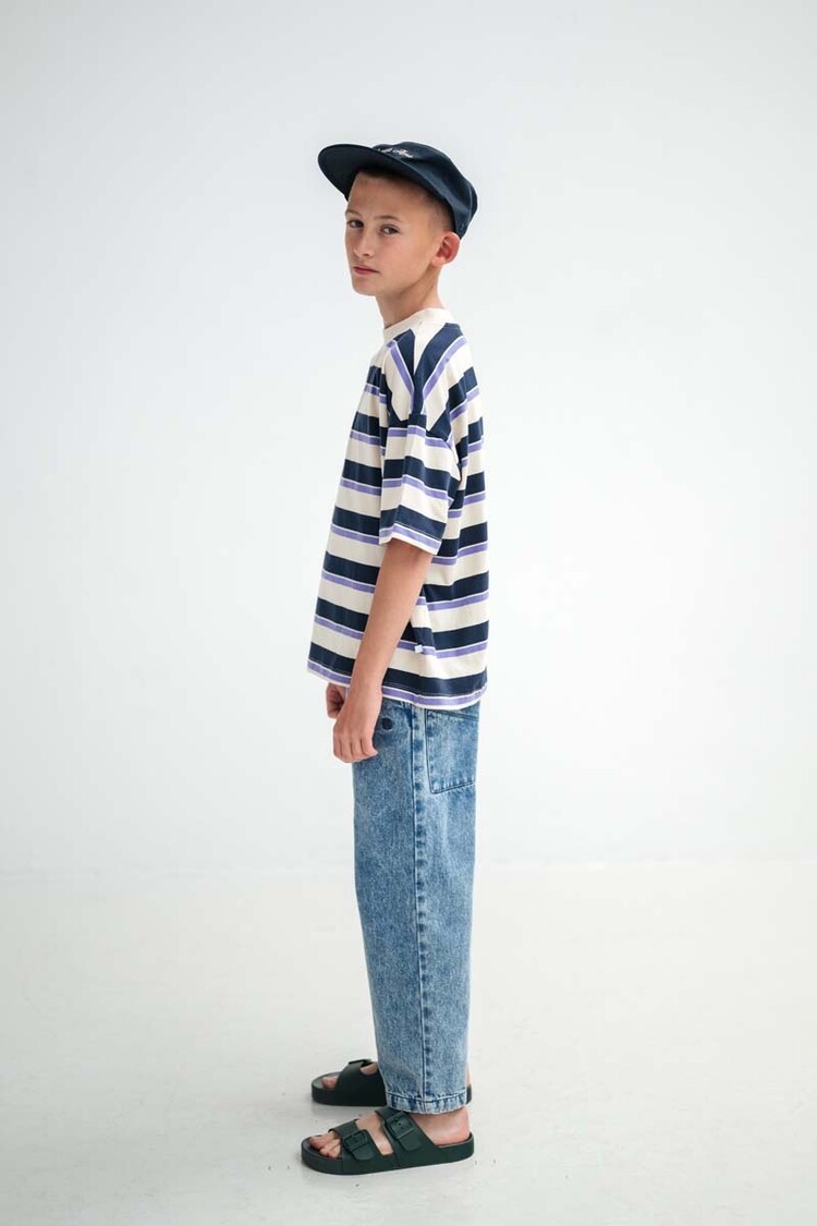 REPOSE AMS Boxy Tee - Cream Teal Glacier Stripe