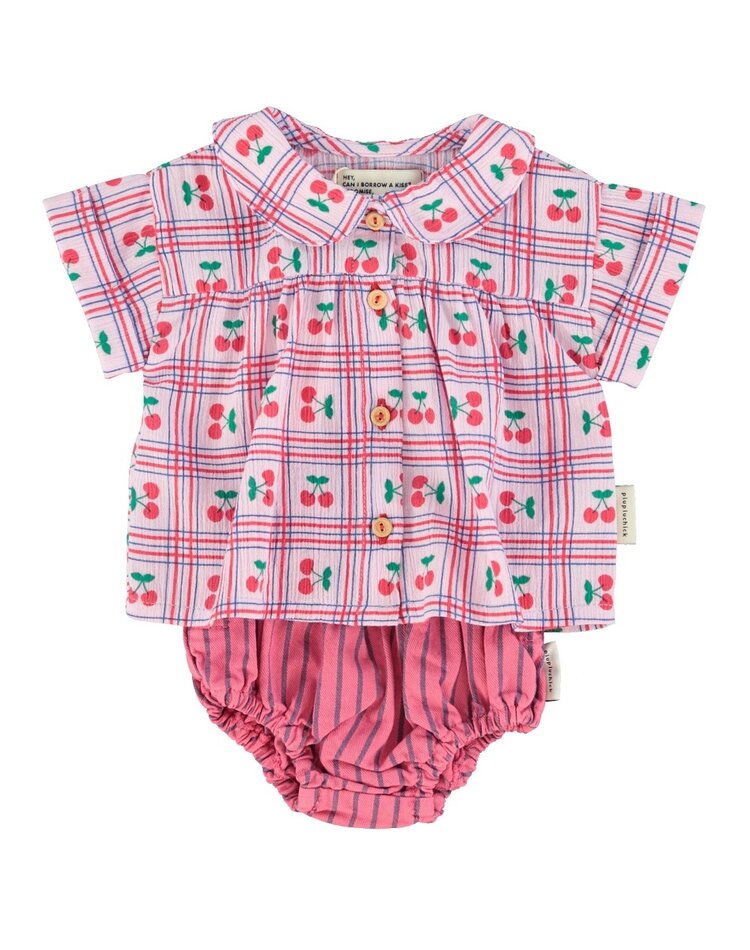 Piupiuchick baby peter pan collar shirt | lilac w/ cherries allover