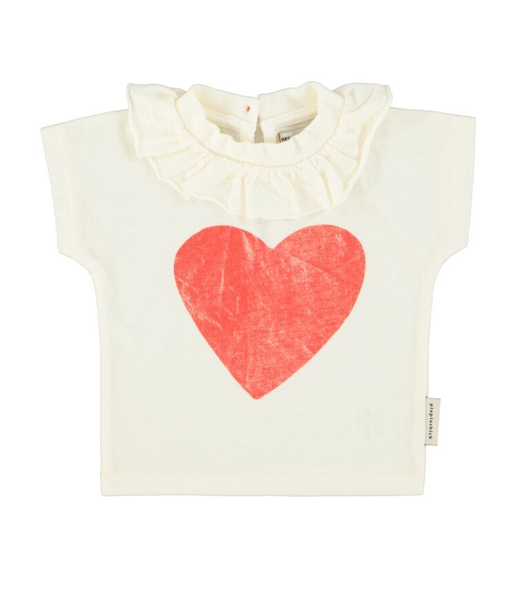 Piupiuchick baby t'shirt w/ collar| ecru w/ red heart print