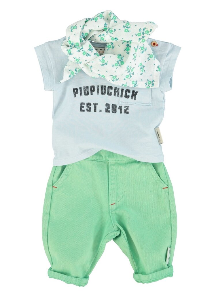 Piupiuchick baby t'shirt | light blue w/ "piupiuchick" print