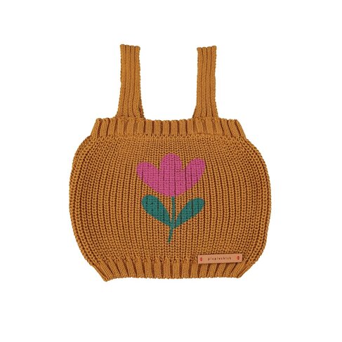 Piupiuchick knitted top w/ straps | camel w/ flower print