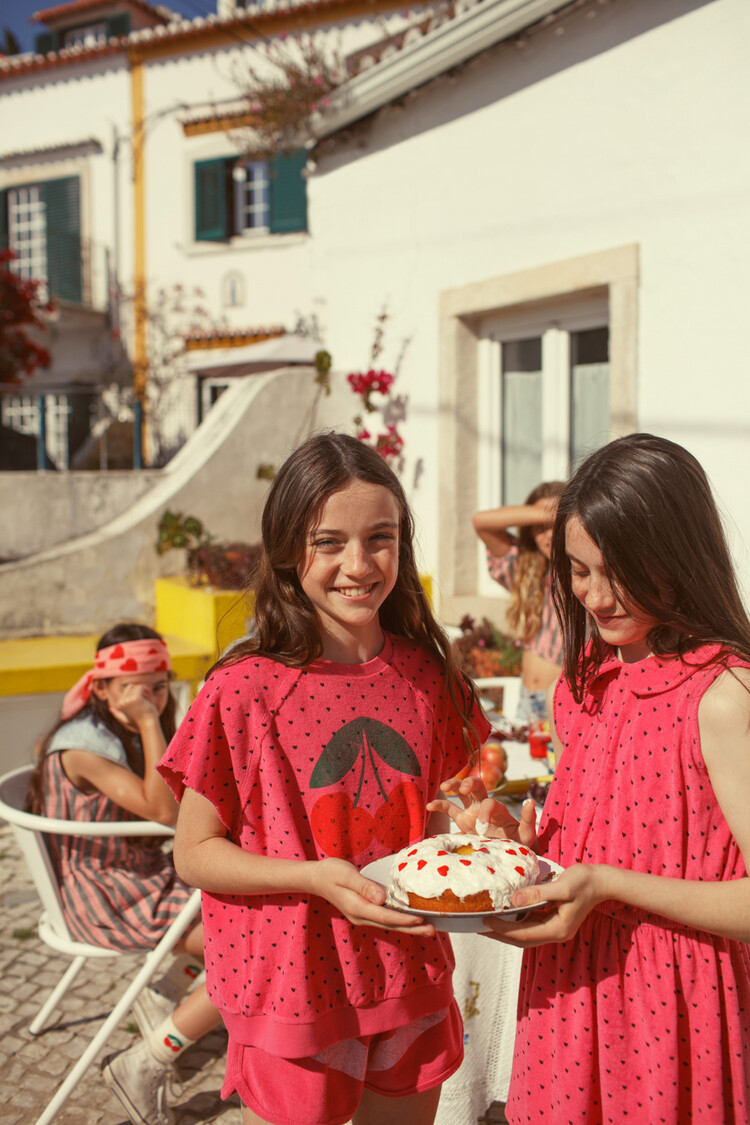 Piupiuchick short dress w/ collar |pink w/ black hearts allover