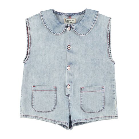 Piupiuchick short sleeveless jumpsuit | blue light denim w/ apple print