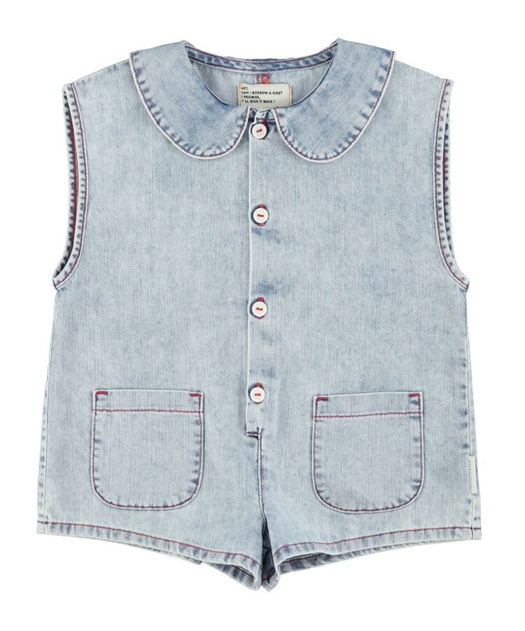 Piupiuchick short sleeveless jumpsuit | blue light denim w/ apple print