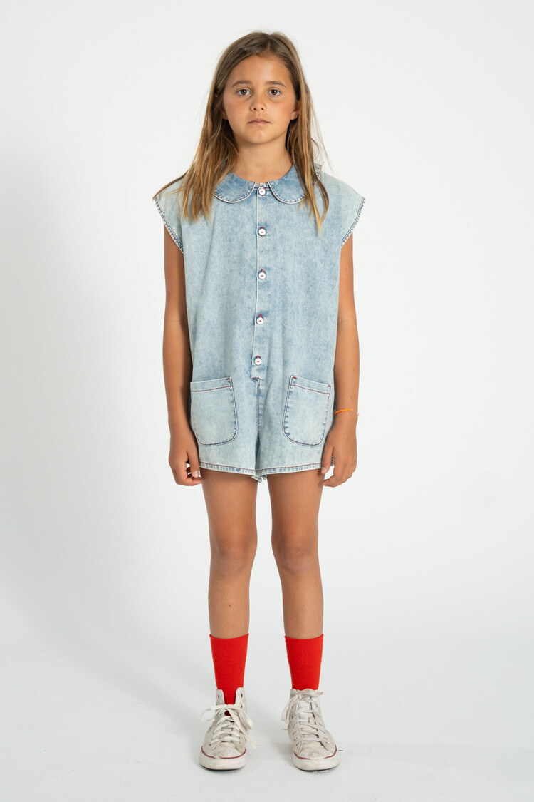 Piupiuchick short sleeveless jumpsuit | blue light denim w/ apple print