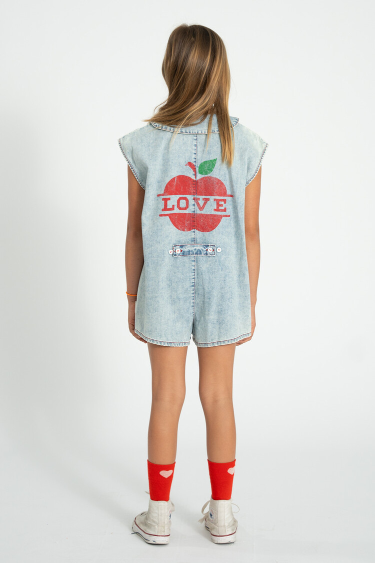 Piupiuchick short sleeveless jumpsuit | blue light denim w/ apple print