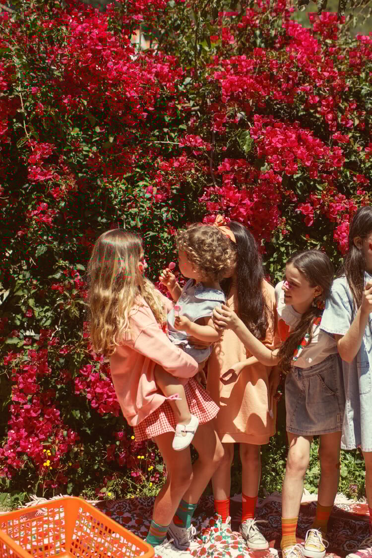 Piupiuchick short sleeveless jumpsuit | blue light denim w/ apple print