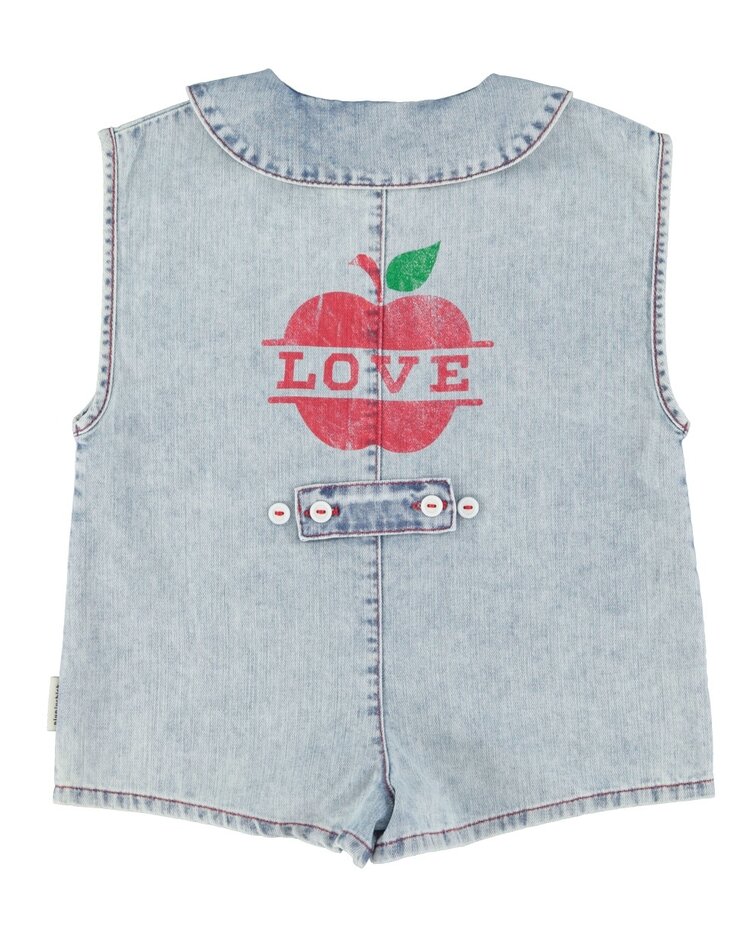 Piupiuchick short sleeveless jumpsuit | blue light denim w/ apple print