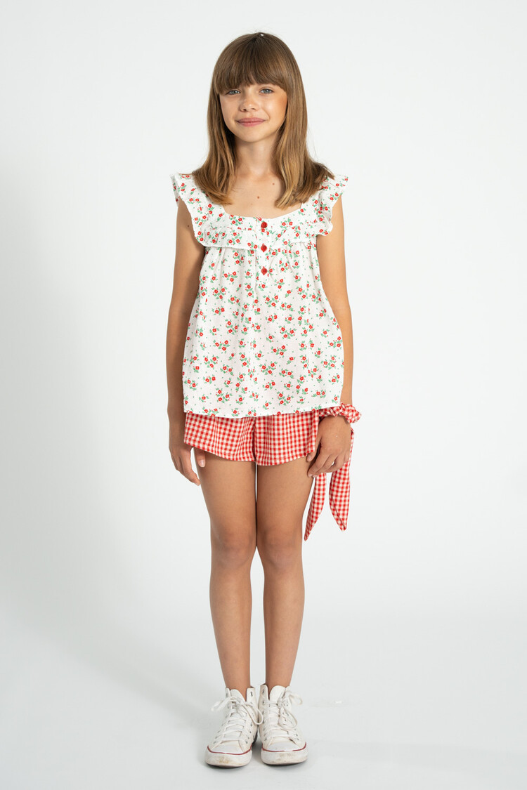 Piupiuchick sleeveless blouse | ecru w/ red flowers allover