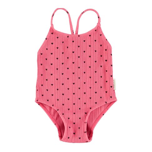 Piupiuchick swimsuit w/ crossed straps | pink w/ black hearts allover