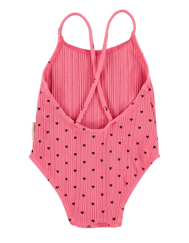 Piupiuchick swimsuit w/ crossed straps | pink w/ black hearts allover