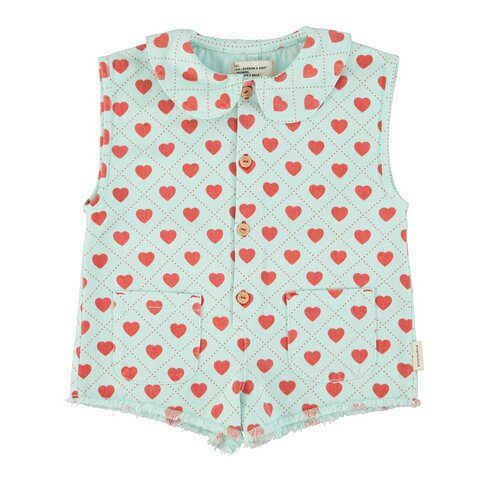Piupiuchick short sleeveless jumpsuit | light blue w/ red hearts allover