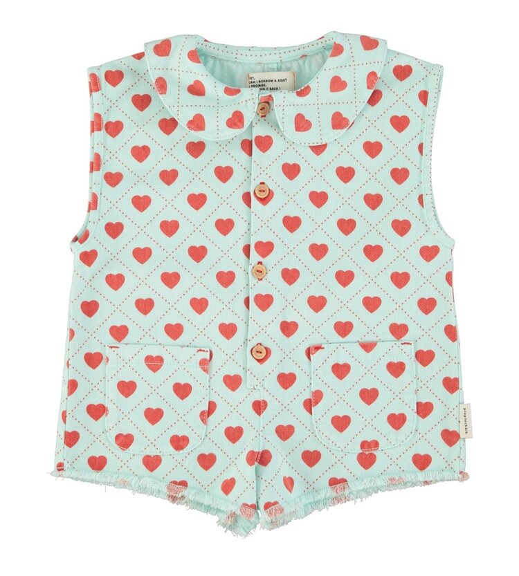Piupiuchick short sleeveless jumpsuit | light blue w/ red hearts allover