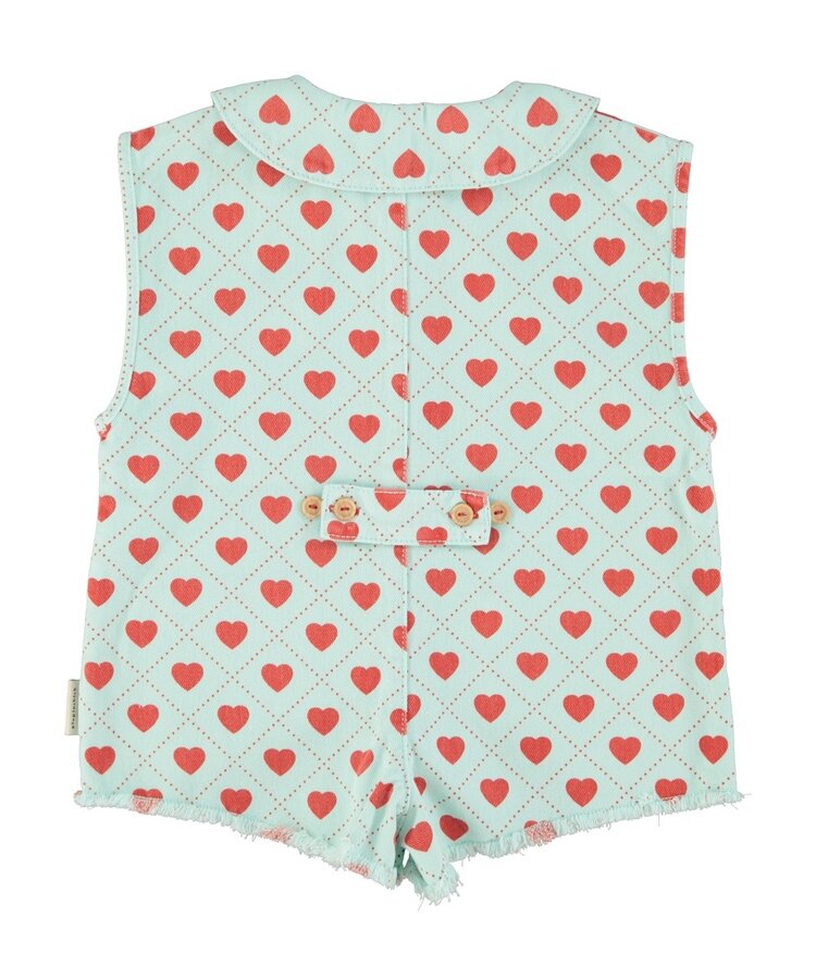 Piupiuchick short sleeveless jumpsuit | light blue w/ red hearts allover
