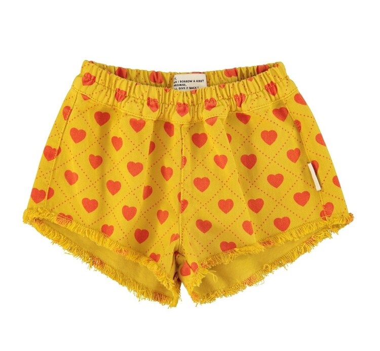 Piupiuchick shorts w/ fringes | mustard w/ red hearts allover