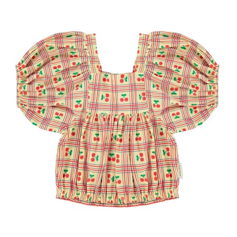 Piupiuchick cropped blouse w/ baloon sleeves | light yellow w/ cherries allover