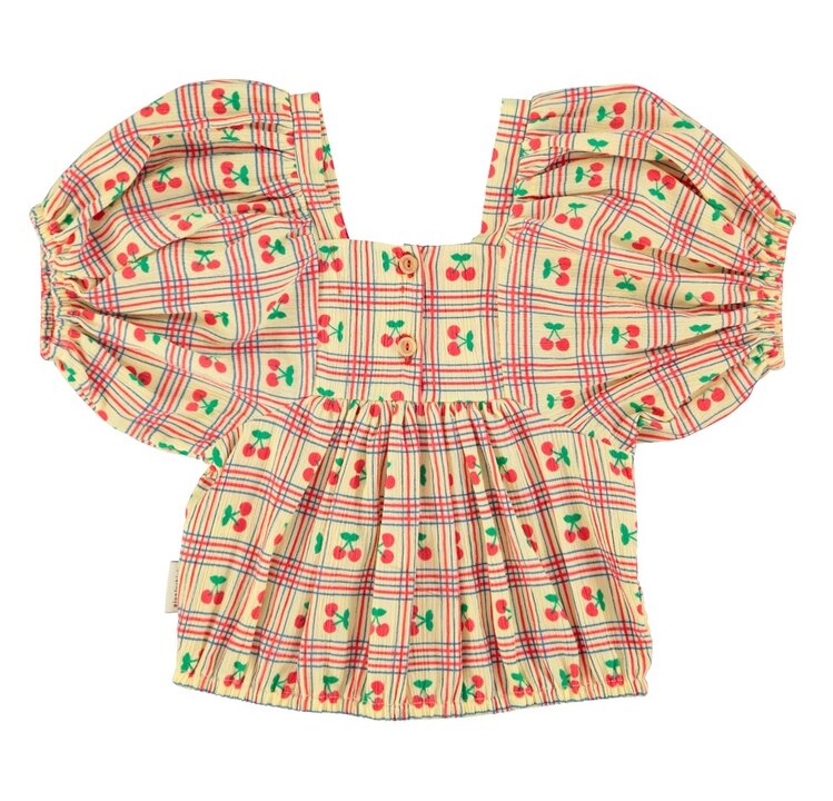 Piupiuchick cropped blouse w/ baloon sleeves | light yellow w/ cherries allover