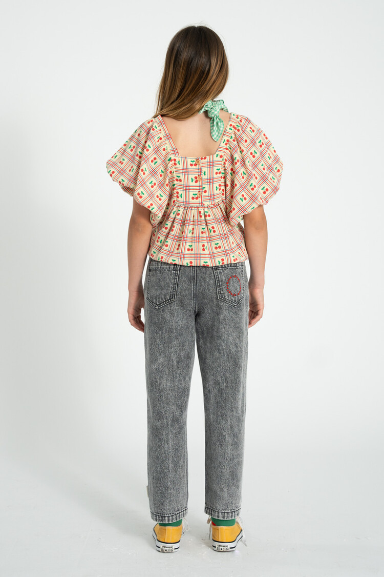 Piupiuchick cropped blouse w/ baloon sleeves | light yellow w/ cherries allover