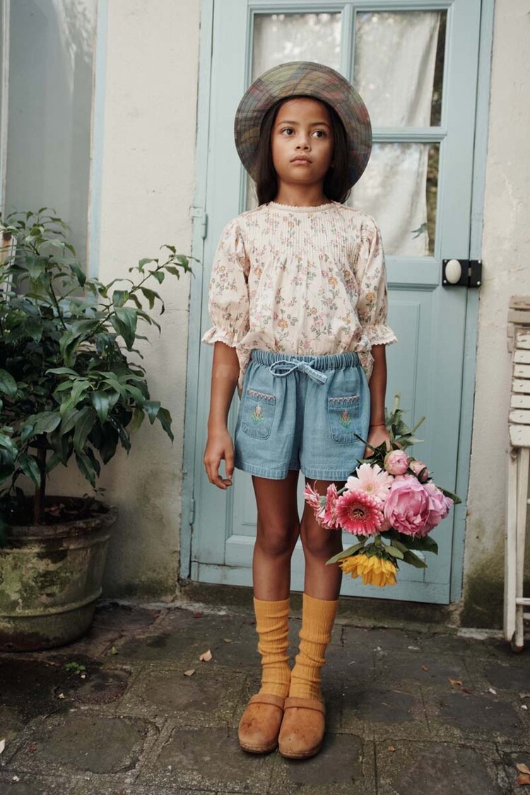 Emile et Ida Short Denim Light Brode Rose - Denim Light