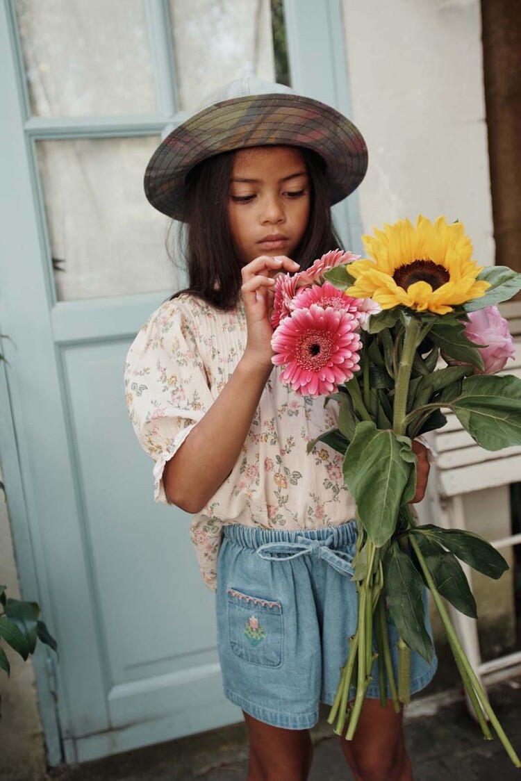 Emile et Ida Short Denim Light Brode Rose - Denim Light