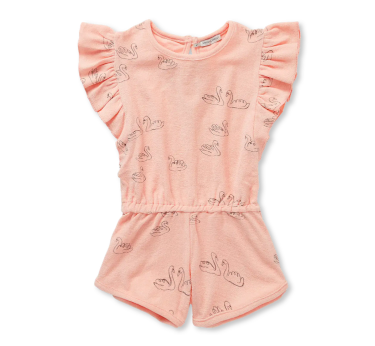Sproet & Sprout Ruffle Jumpsuit Swan Print - Blush Pink
